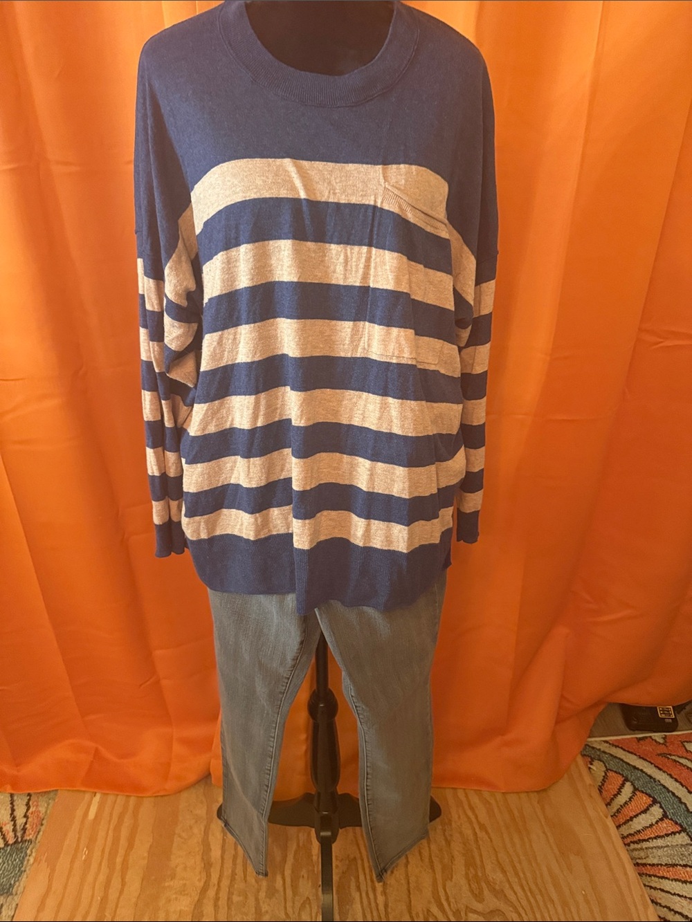 Madewell Blue and Cream Striped V-Neck Sweater